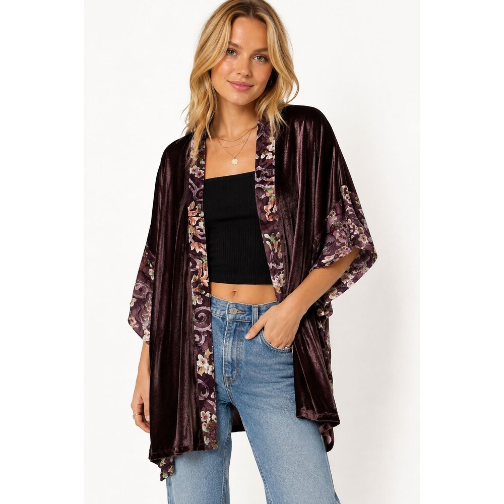 Do Everything in Love Brown Velvet Kimono OS One Size Floral Trim Jacket Boho